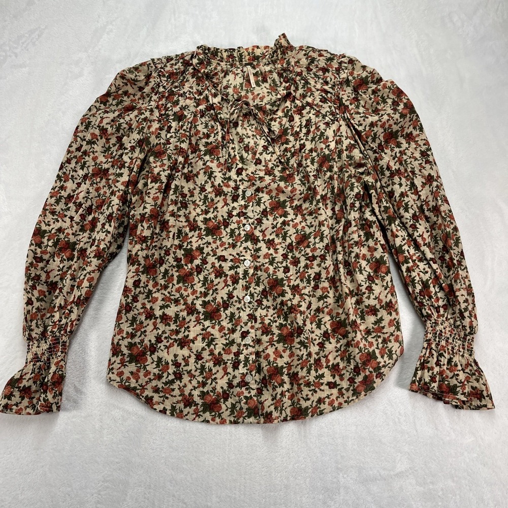 Free People Puff Sleeve Button Front Blouse Womens Medium Floral Cottagecore - Picture 5 of 14